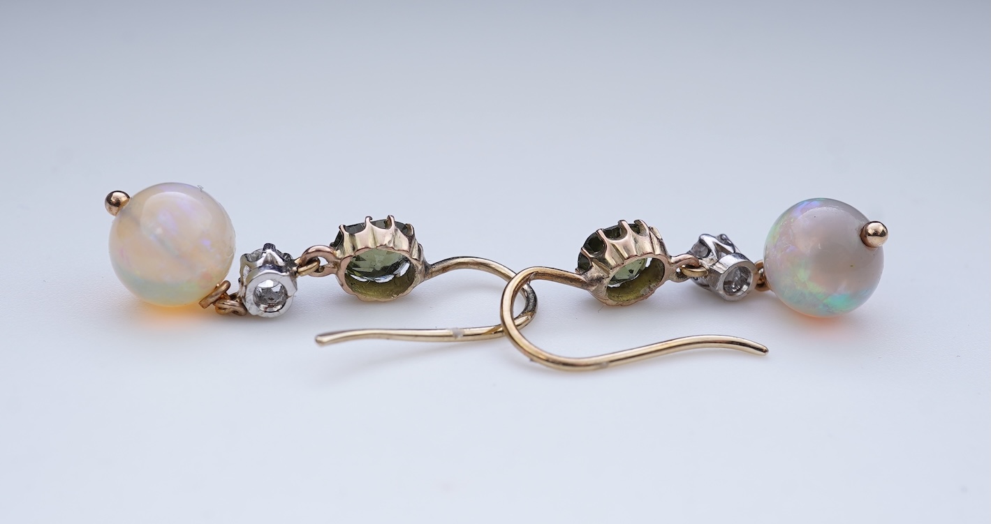 A pair of opal, green zircon and diamond earrings